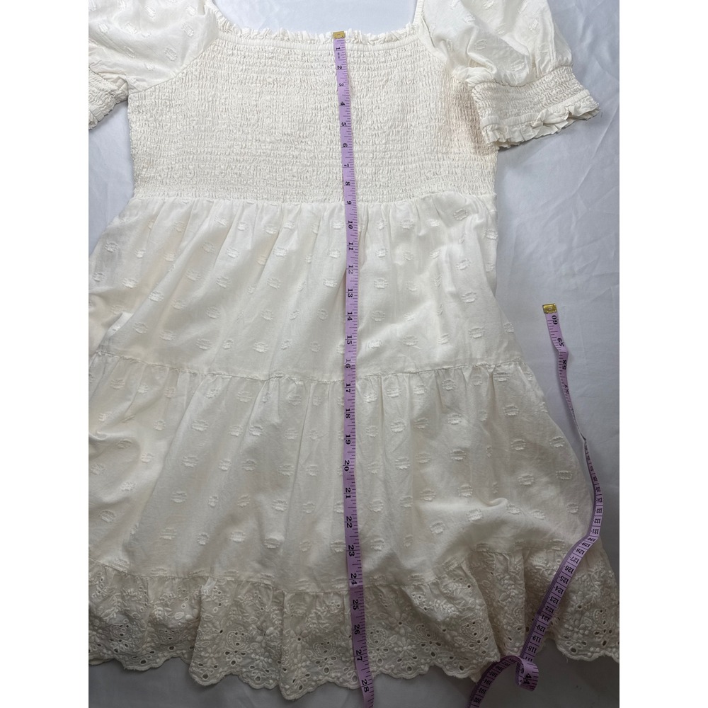 American Eagle Size L Ivory Smocked Eyelet Mini Dress Cottagecore Puff Sleeve - Picture 7 of 10